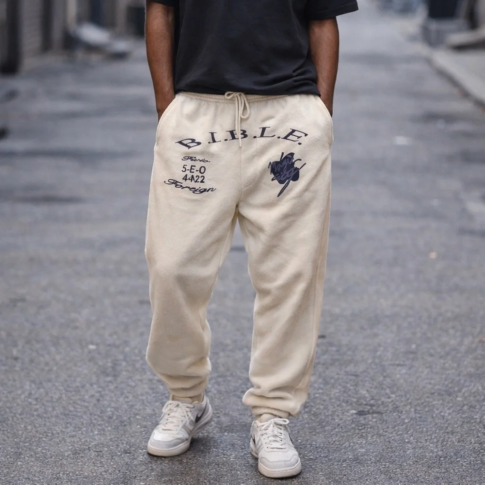 Fivio Foreign B.I.B.L.E Tour 2022 men’s Sweatpants Cream Fleece Joggers size 2XL